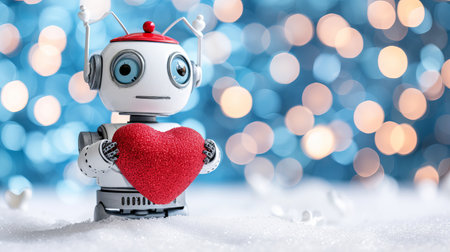 Cute robot presents heart gift to animals on magical background, valentine s day with copy space.の素材