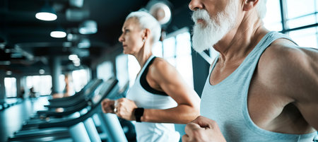 Energetic senior couple staying fit and healthy by running together in a modern fitness clubの素材