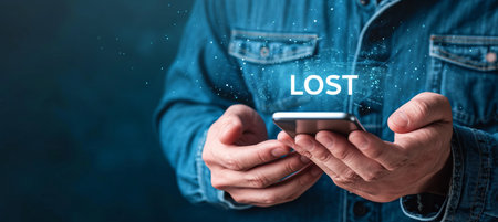 Interactive holographic  lost  shining text icon on mobile phone with copy spaceの素材