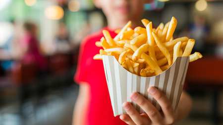 Happy preteen eating french fries in restaurant with blurred background and copy spaceの素材