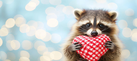 Cute raccoon presenting heart shaped gift on magical blurred background for valentine s day cardの素材