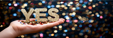 Giant holographic yes icon shining brightly in the air as an interactive displayの素材