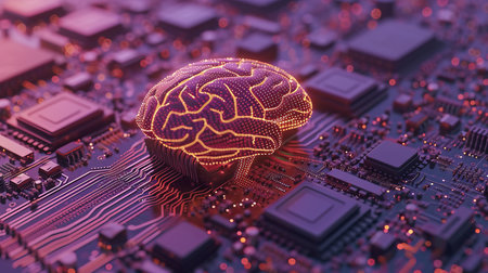 Shining brain icon on cpu with interactive holographic security elements and copy space for textの素材