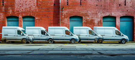 White delivery vans parked in row, transportation company, copy space for text placementの素材