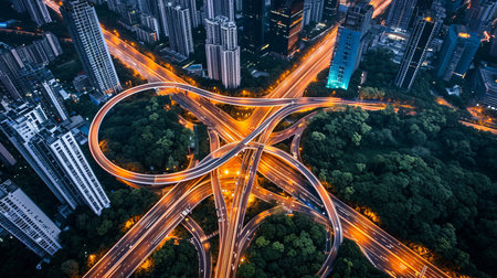 Night aerial view of busy city highway intersection with car traffic and urban infrastructureの素材