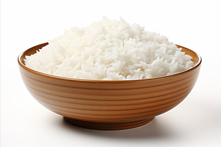 Isolated white rice grains on pure white background, ideal for culinary or food concept designの素材