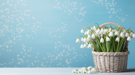 White snowdrops basket on light blue spring background with copy space for text placement.の素材