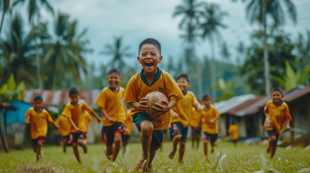 Children s soccer training  boys joyfully chasing football in grass field during soccer practiceの素材
