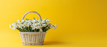 Beautiful white snowdrop flowers in basket on yellow spring background with copy spaceの素材
