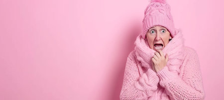 Smiling senior woman with scarf and hat, isolated on pastel background with space for textの素材