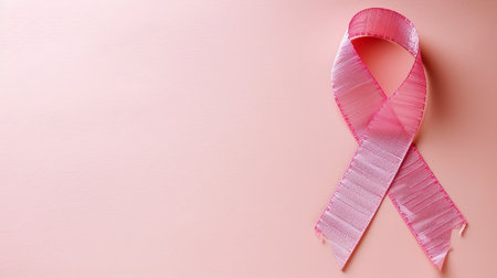 Breast cancer awareness month symbol with pink ribbon on isolated pink background with copy spaceの素材