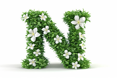 N  narcissus flower 3d letter in modern style isolated on white background for design and decorationの素材