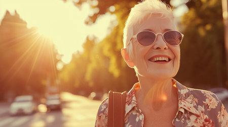 Confident senior businesswoman walking in city center, smiling on blurred background with copy spaceの素材
