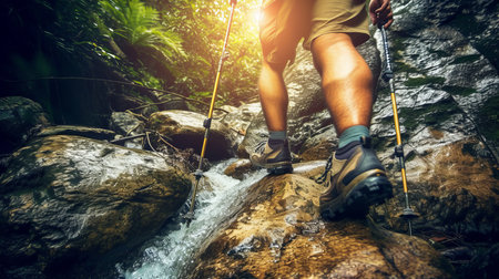 Active hiker with healthy legs in hiking shoes and sticks, trekking through beautiful forest sceneryの素材