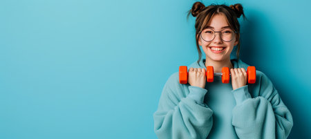 Cheerful young woman lifting weights comfortably with copy space for text placementの素材