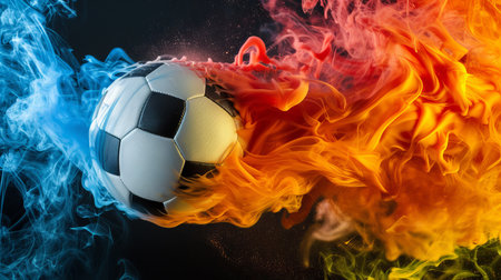 Vibrant soccer ball with colorful smoke trail emerging on isolated black backgroundの素材
