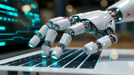 Artificial intelligence in business  robot hand typing on laptop with glowing infographic linesの素材