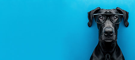 Intelligent canine wearing stylish black glasses, isolated on blue background with space for textの素材