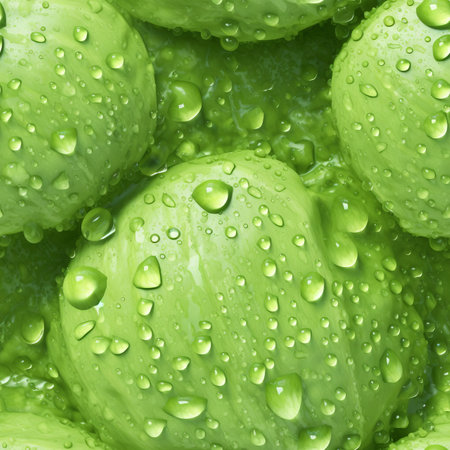 Seamless background pattern of many fresh and vibrant green cabbages with sparkling water dropletsの素材