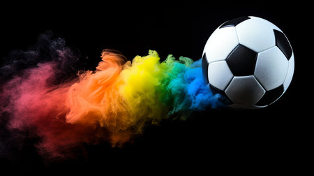 Colorful smoke as soccer ball emerges on black background, isolated with dynamic sports conceptの素材