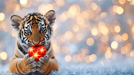 Tiger cub with heart shaped gift, cute animals, valentine s day backdrop with copy space.の素材