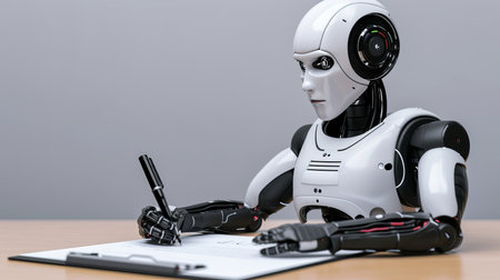Advanced ai robot writing articles   assisting with homework   futuristic robot assistant with penの素材
