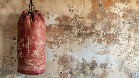 Red punching bag hanging in a gym with copy space on the wall for text or advertisement placementの素材