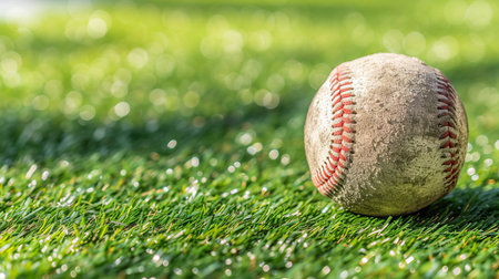 Vibrant baseball on green field in vivid daylight, capturing the sport s energy and excitement.の素材