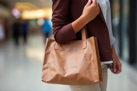 Joyful woman shopping for gifts in mall with natural light, close up of shopping bagの素材
