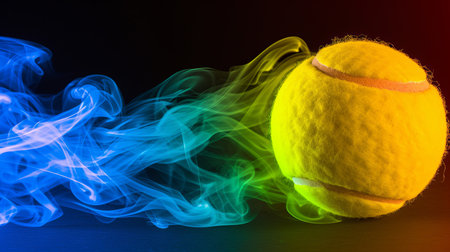 Colorful smoke bursts from tennis ball on black background, perfect for sports and creativity.の素材