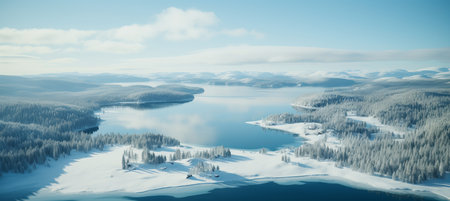 Aerial view of snow covered pine trees in norway s winter forest captured by a drone.の素材