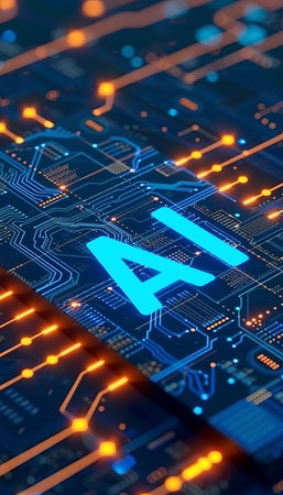 Bright interactive holographic ai icon in the air, symbolizing advanced technology and innovationの素材