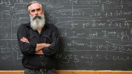 Handsome bearded man teacher in classroom with copy space for text placement on blurred backgroundの素材