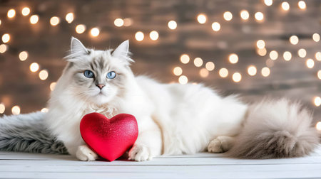 Cute kitty with heart shaped gift on magical background, valentine s day concept with copy spaceの素材