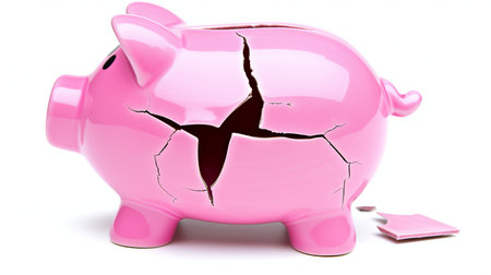 Economic turmoil  broken piggy bank symbolizing financial crisis and investment lossの素材