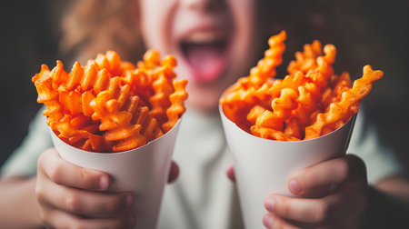 Happy preteen boy enjoying waffle fries in restaurant with blurred background and copy spaceの素材