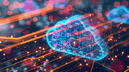 Cloud security with end to end encryption symbols in dynamic and dramatic composition, copy spaceの素材