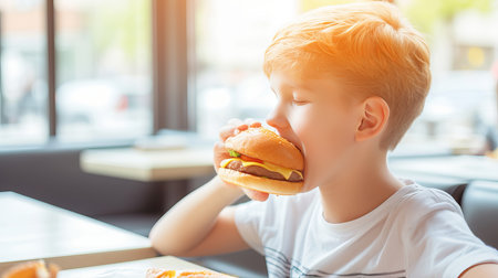 Happy preteen enjoying a burger in a restaurant with blurred background   copy space for textの素材