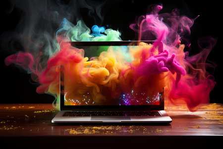 Intense flames and billowing smoke surrounding realistic laptop in vibrant colorsの素材