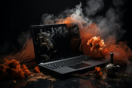 Fiery laptop engulfed in smoke, realistic scene with dark background, 70 focus on laptopの素材