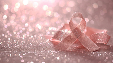 Breast cancer awareness month symbol  pink ribbon on shimmering pink background with copy spaceの素材