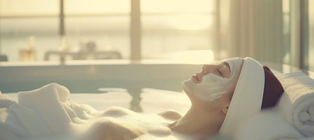 Relaxed woman with facial mask in spa bubble bath, minimalistic bathroom with big window backgroundの素材