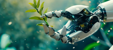 Sustainable agriculture  robot hand caring for young plant in lush spring forestの素材