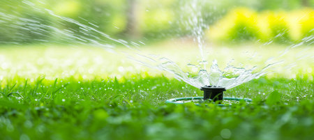 Automatic garden watering systems with sprinklers watering green lawn and copy space for textの素材