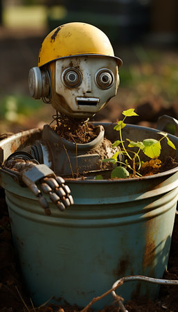 Sad broken robot with small flower in metallic dump, concept of hope and resilienceの素材