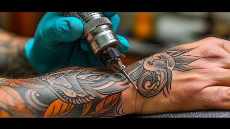 Detailed close up of skilled tattoo artist creating intricate design on man s handの素材