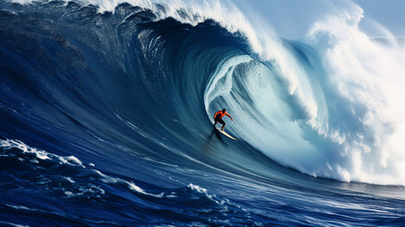 Thrilling extreme sport  surfer riding gigantic blue ocean wave with active lifestyle conceptの素材