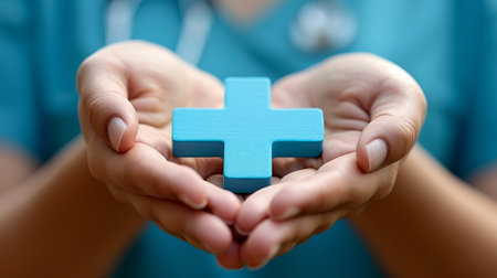 Health insurance and medical welfare concept with hands holding plus symbol for healthcare access.の素材