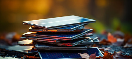 Broken solar panels  end of life renewable energy hardware, hard to recycle due to mass production.の素材