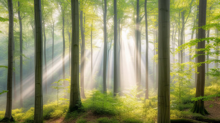Enchanting spring forest with sun rays as magical background for nature and outdoor conceptsの素材